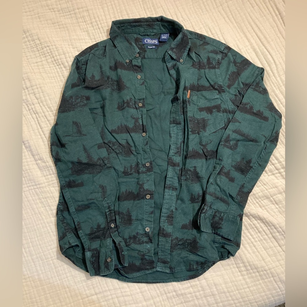 Men’s (m/l) button down flannel animal deer duck outdoor woods design